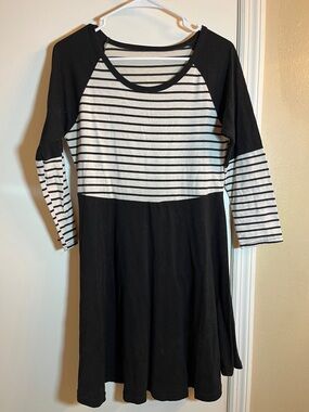 Striped Black & White Midi Dress with Raglan Sleeves